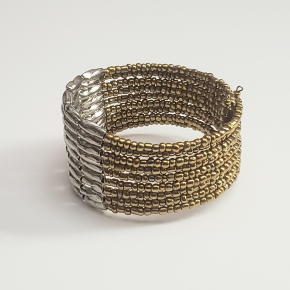 Elegant Layered Silver and Gold Seed Bead Cuff Bracelet - Picture 5 of 7